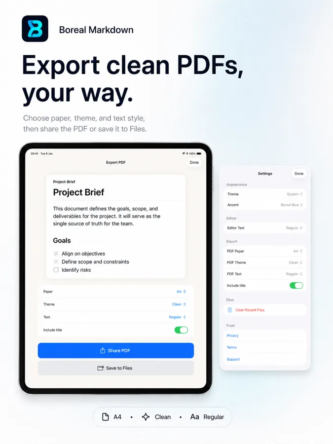 Boreal Markdown PDF export and settings workflow on iPad.
