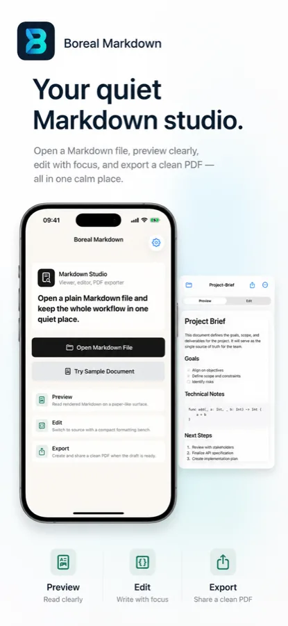 Boreal Markdown open screen and quiet Markdown studio workflow on iPhone.