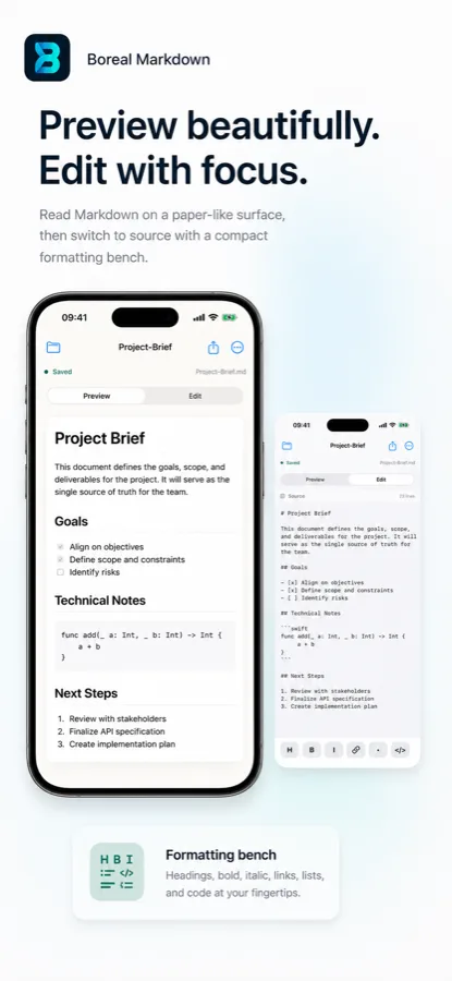 Boreal Markdown preview and source editing workflow on iPhone.